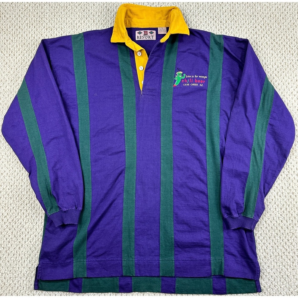 Vtg BOA Resort Rugby Polo Shirt Mens XL Purple Green Stripe Cave Creek Arizona